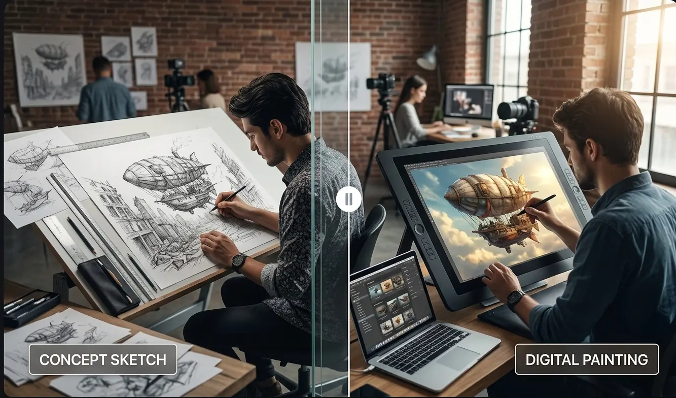 Characters and Video References: Develop a character look or sketch out a scene before creating a video. Use references to guide the design and select a version to build on.